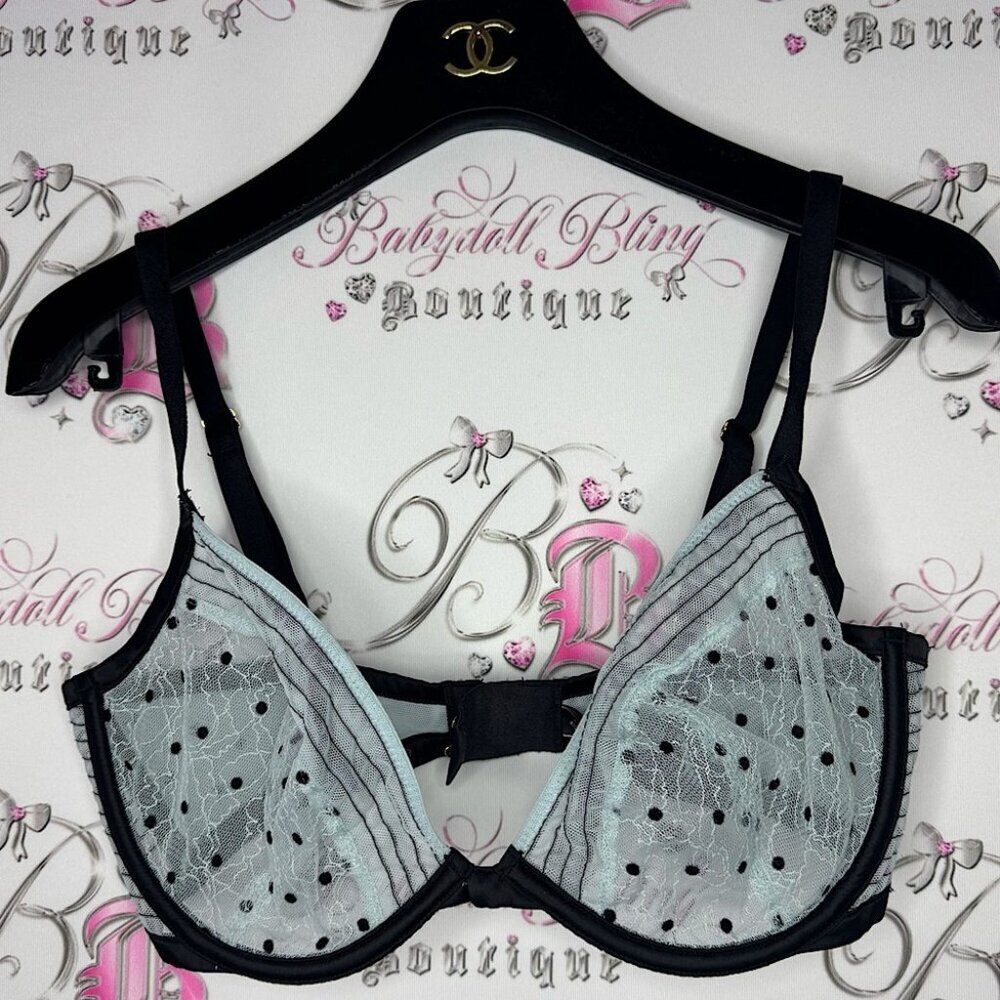 Victoria secret bra low cut Demi light blue black polka dot dotted mesh bustier
